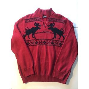 Chaps Moose Sweater Lg Red 1/4 Zip